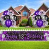 Purple 13th Birthday Decorations for Girls, Black Purple Silver Happy 13th Birthday Yard Banner and 24pcs 13th Birthday Balloons for 13th Birthday Anniversary Party Supplies Indoor Outdoor Decor