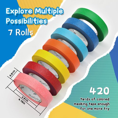 skytogether Colored Masking Tape 1 Inch Wide, Rainbow Color Masking Tape Colorful Masking Tape Colored Tape Rolls for Kids Classroom Painters Tape Colors Art Craft Tape, 1 Inch x 60 Yards, 7 Rolls