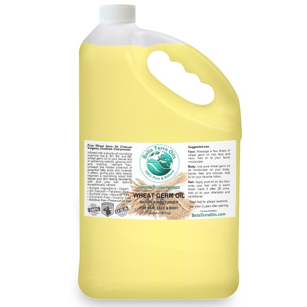 Bella Terra Oils Pure Wheat Germ Oil – 1 gallon, High Vitamin E Content, Rich in Nutrients, Hair Shine Enhancer, Skin Radiance