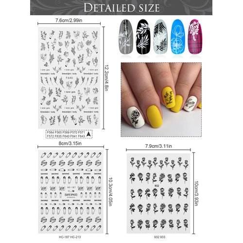 EBANKU 16 Pcs Black and White Nail Art Stickers - 3D Self-Adhesive Decals with Retro Leaf and Flower Designs for Acrylic Nail DIY Decoration - Ideal for Women and Girls
