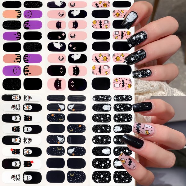 Halloween Cute Ghost Gel Nail Strips Halloween Nail Stickers Full Nail Wraps Pumpkins Cat Ghost Spider Nail Polish Strips Glitter Design Gel Nails Decals with 2 Piece Nail Files for Party Decor 6Pcs