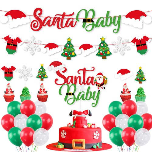 Santa Baby Shower Decorations with Santa Baby Banner Cake Topper K KUMEED Christmas Theme Garland Green Red Snowflake Balloons for Christmas Party Decorations New Year Baby Shower Birthday Party