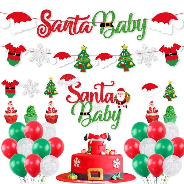 Santa Baby Shower Decorations with Santa Baby Banner Cake Topper K KUMEED Christmas Theme Garland Green Red Snowflake Balloons for Christmas Party Decorations New Year Baby Shower Birthday Party