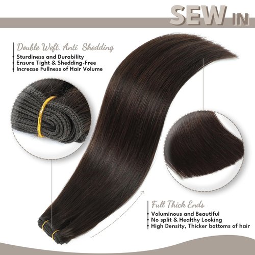 Jerriess Sew in Hair Extensions Real Human hair, Silky Soft &Shiny Double Drawn Weft Hair Extensions human hair, Thick ends &Tangle Free Human hair extensions sew in, 100g Straight Dark Brown, 16 inch