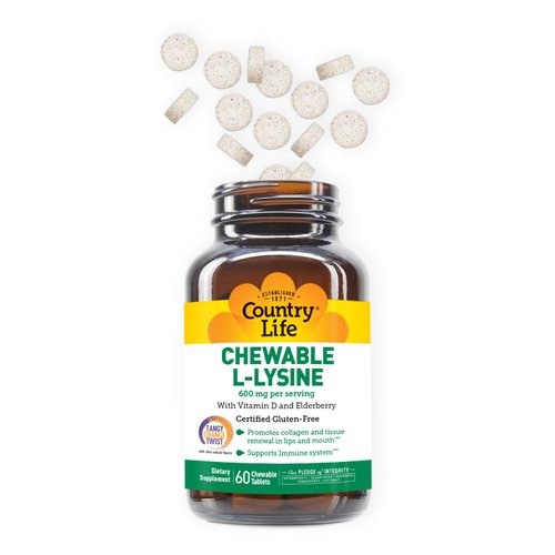 Country Life Chewable L-Lysine Supplement with Vitamin D and Elderberry, Immune Support and Collagen Renewal for Skin Tissue, Ideal for Adults