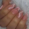 Pink French Tip Press on Nails Medium Square Fake Nails Glitter Wavy Stripe Acrylic Nails Reusable Coffin Nails with Glue on Nails Full Cover Stick on Nails for Women DIY Charm Manicure