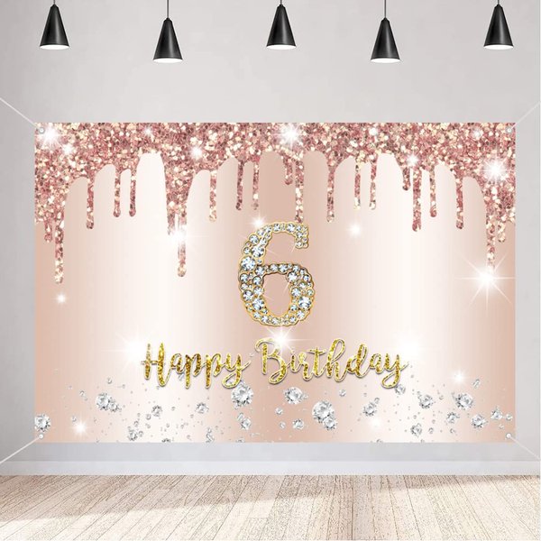 Happy 6th Birthday Decorations Backdrop Banner for Girls 6 Years Old Fabric Sign Poster Girl Rosegold Photography Background 6th Birthday Party Supplies, 59"x35.4"