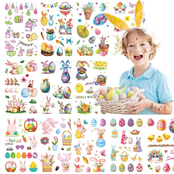 VIWIEU Glitter Easter Bunny Temporary Tattoos for Kids Easter Eggs Flower Decoration Stickers Happy Easter Basket Stuffers 12 Sheets, Children Rabbit Birthday Party Favors Class Rewards