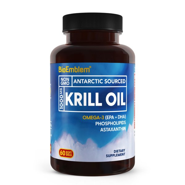 BioEmblem Antarctic Krill Oil Supplement | 1000mg | Omega-3 Oil with High Levels of EPA + DHA, Astaxanthin, and Phospholipids | No Fishy Aftertaste | 60-Count Non-GMO Softgels