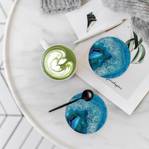 Coasters for Drinks with Holder 6 Pack,Marble Ocean Coasters for Table,Ceramic Absorb Stone Coasters with Cork Base,Housewarming Gift for Home Decor (Agate Blue)…
