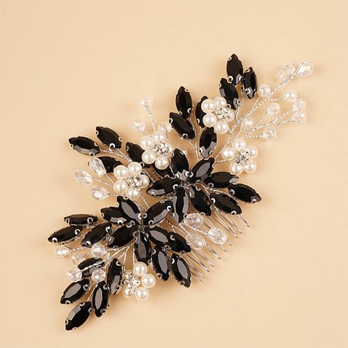 BERYUAN Wedding Pearls Crystal Rhinestone Hair Comb Pearls Crystal Flowers Bride Headpiece Black Crystal Pearls Wedding Hair Accessories Handmade Wedding Hairband for Wedding Women and Girls (black)