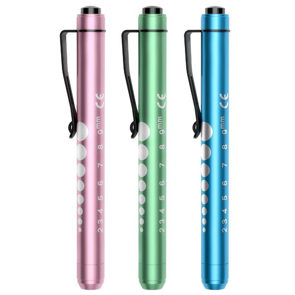 RISEMART 3packs Pen Lights for Nurses, Reusable Medical Pen Light with Pupil Gauge and Ruler, White Light LED Penlight for Nurse Student Doctors EMT (Pink/Blue/Green)