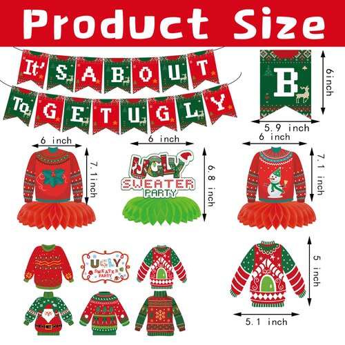 Ugly Sweater Christmas Party Decorations,It's About To Get Ugly Sweater Christmas Banner,Hanging Swirls and Table Decorations Honeycomb Centerpieces for Ugly sweater Christmas Party Supplies