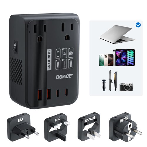 DOACE 220V to 110V Converter 350W Voltage Converter US to Europe for Hair Straightener/Curling Iron Converter for European Travel with 4-Port USB Charging and UK/AU/US/EU Worldwide Plug Adapter