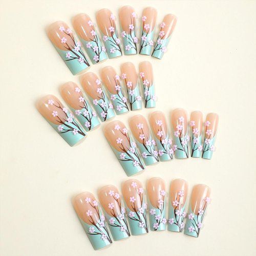 Green French Tip Press on Nails Extra Long Ballerina Coffin Nails 3D Pink Flower False Nails Glossy Full Cover Artificial Fake Nails Reusable Stick on Nails with Glue on Nails for Women DIY Manicure