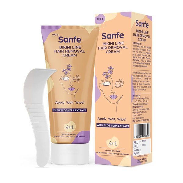 Sanfe Bikini Line Hair Removal Cream with Spatula and Intimate Wipes - 100g - Natural and Safe for sensitive skin - Lavender, Aloe Vera, Shea Butter
