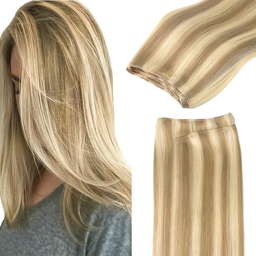 GOO GOO Sew in Hair Extensions Real Human Hair, Weft Hair Extensions Human Hair, 16/22 Light Blonde Highlighted Golden Blonde 18 Inch-100g, Weft Bundles Straight Silky Remy Hair