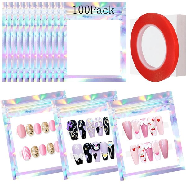 Yazabai 100PCS Empty Holographic Nail Storage Bag Press on Nail Packaging Bag and 100PCS Shiny white cardboard Nail Tips Packaging Bags with 1 Roll Transparent Tape