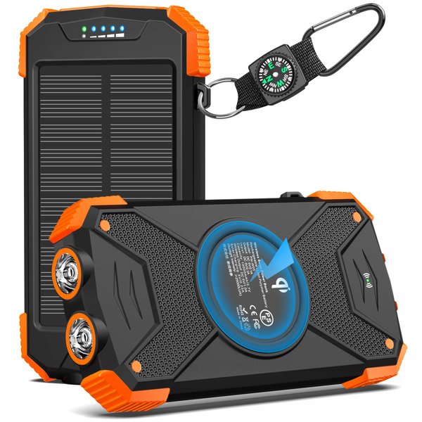 BLAVOR Solar Charger Power Bank, Real Rated 10,000mAh Portable Wireless Charger with USB C Input/Output for Cell Phones, External Battery Pack with Dual Flashlight for Camping (Orange)