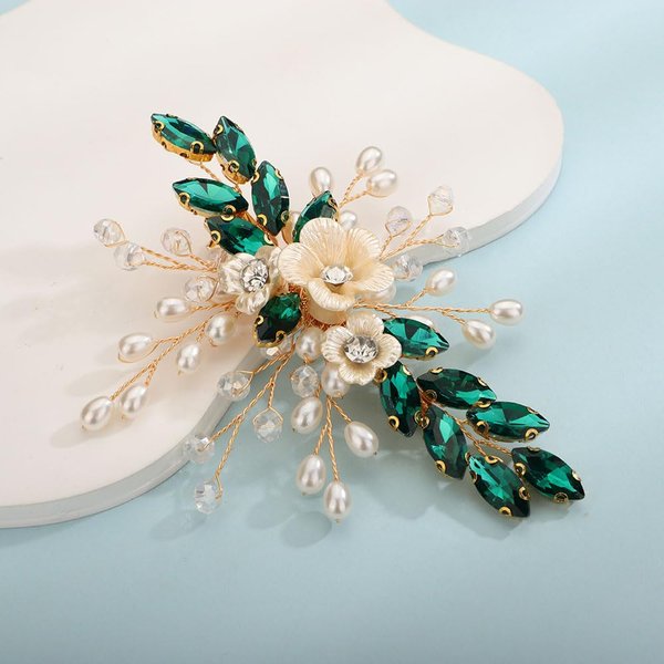Teyglen Crystal Bridal Hair Clip Wedding Flower Green Rhinestone Hair Clips Handmade Pearls Crystal Hair Pieces Barrette Wedding Hair Accessories for Bride Floral Flower Headpieces for Women Girls