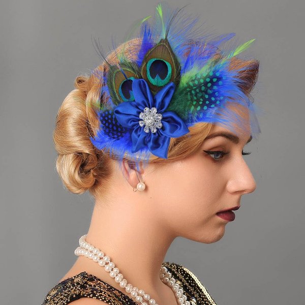 Yokawe 20s Feather Hair Clip Elegant Blue Peacock Feather Hair Clips with Crystal Gatsby Party Head Accessories for Women