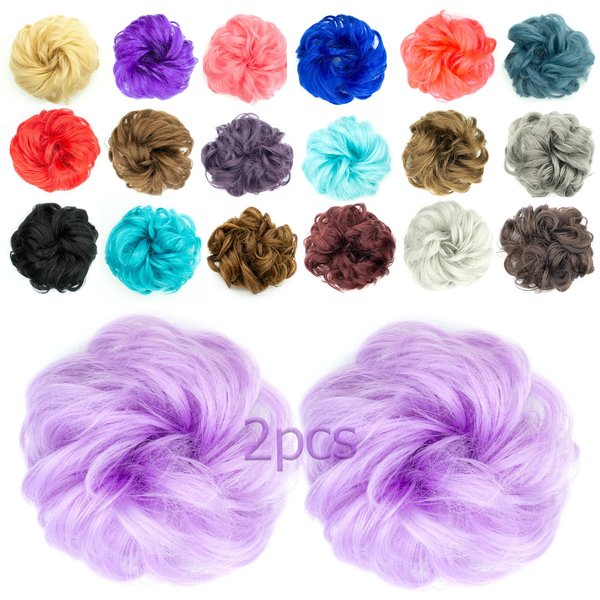 QTHQTFL 2pcs Messy Bun Hair Piece Scrunchie Hair Bun Hair Pieces for Women Girls Elastic Rubber Band Curly Wavy Synthetic Hair Bun Scrunchies Ponytail Extensions (Light Purple)