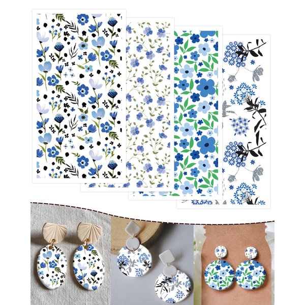 Puocaon Flower Trasnfer Paper for Polymer Clay, 4 Design 20 Pcs Floral Clay Transfer Paper for Polymer Clay Earrings, Blue Persian Speedwell Flower Transfer Paper for Polymer Clay Jewelry Making