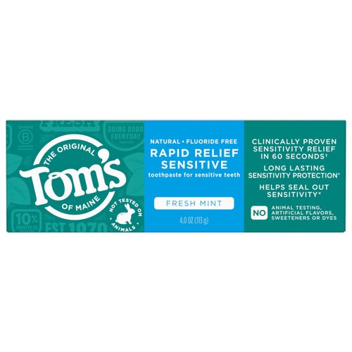 Tom's of Maine Fluoride-Free Rapid Relief Sensitive Toothpaste, Fresh Mint, 4 oz. (Packaging May Vary)
