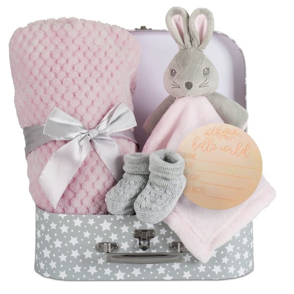 Baby Girl Gift Set New Born Baby Gift Baby Pink Bunny Security Blanket Soft Fleece, Suitcase Keepsake Box Blanket Booties & Baby Gift Basket – Unique Present Baby Shower & Newborn Lovey Welcome