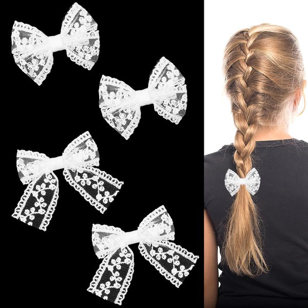 4Pcs White Hair Bows for Women, Small White Lace Bows Ribbon Hair Clip, Cute Lace Bow Alligator Clips, Bowknot Hairpin Barrettes for Bridal Flower Girls Communion Baptism Wedding Hair Accessories