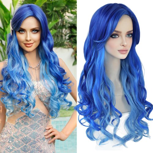 7JHH WIGS Long Wavy Costume Wigs Cosplay Mermaid wig for Women Halloween Party Used High Temperature Heat Resistant Fiber Natural Hairline Cos I Love Lucy Wig (28in, Blue Mermaid Ombre Wig)