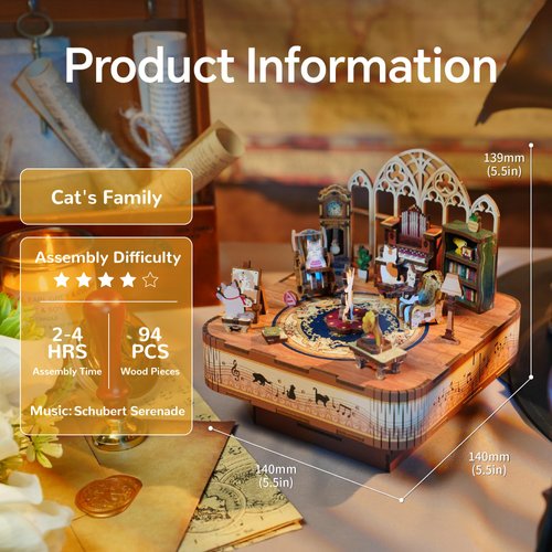 Tonecheer Wooden Music Box Puzzle for Adults,DIY Rotating Music Box Kit 3D Creative Musical Puzzle Crafts Model Building Kits Desk Decor for Teens Kids Birthday Gift (Cats Family)