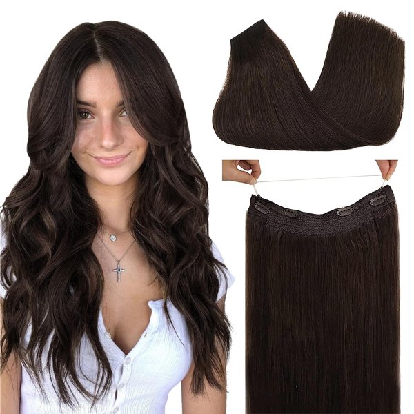 GOO GOO Wire Hair Extensions Human Hair, 2A Light Brown Natural 16inch 95g, Invisible Wire Hair Extensions with Transparent, Seamless Fish Line Hairpiece