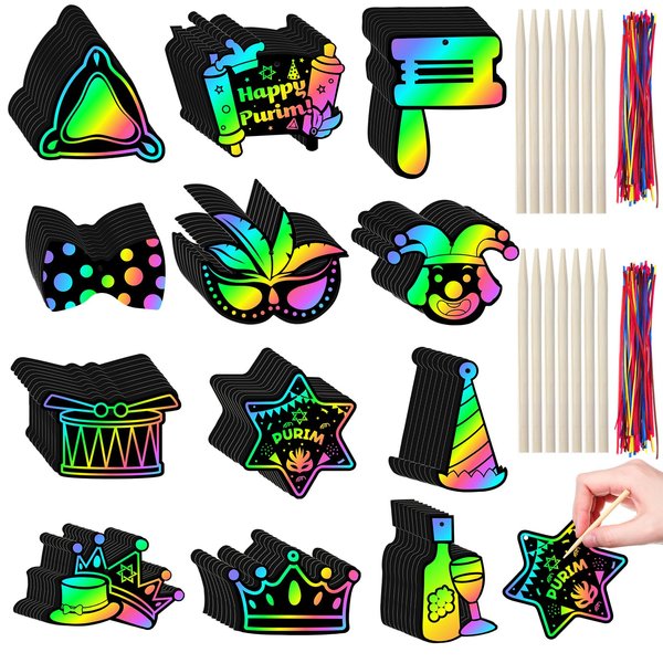 Deekin 120 Pcs Purim Scratch Paper Art Set Purim Colored Scratch Cards Hanging Rainbow Ornaments Crafts Champagne Mask Narcissus Purim Party Activities DIY Art Painting Project Supplies