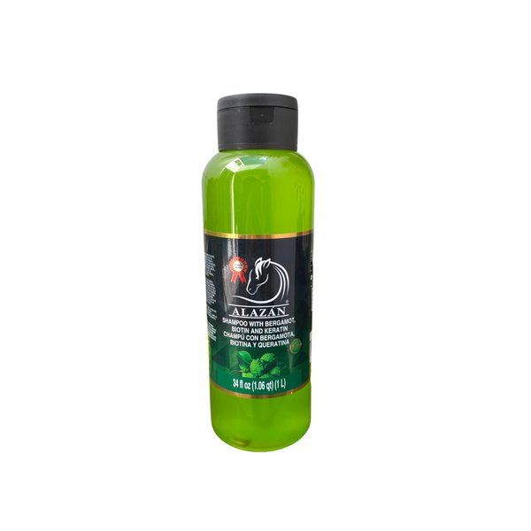ALAZÁN SHAMPOO OF HORSE FOR HUMAN USE, WITH BERGAMOT, BIOTIN, AND KERATIN. SHAMPOO DE CABALLO ALAZAN CON BERGAMOTA, BIOTINA Y QUERATINA.