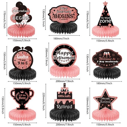 9PCS Retirement Party Decorations Rose Gold Retirement Party Centerpiece Honeycomb Glitter Table Toppers for Happy Retirement Party Supplies for Women