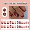 ANDGING French Tip Press on Nails Red Square Short Medium Fake Nails Glue on Nails with Black Striped Floral Design 24Pcs Acrylic False Nails for Wedding Birthday Women Stick on Nail with Glue AL887Q