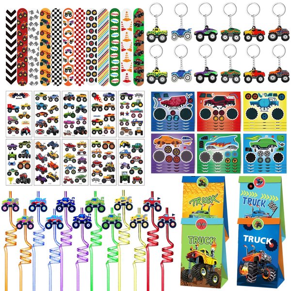 XIPEGPA Truck Car Party Favors Set Truck Cars Keychains Slap Bracelet DIY Stickers Straws Car Bags for Kids Truck Car Themed Birthday Party Supplies Goodie Bag Fillers (Truck Car)