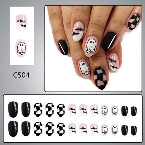 24Pcs Halloween Press on Nails Short CEWEWP Almond Fake Nails Acrylic Full Cover False Nails with Bat Ghost Pattern Designs Cute Halloween Nails Oval Glue on Nails halloween Stick on Nails for Women