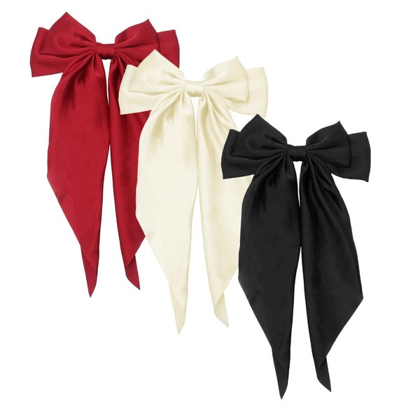 HAALII Hair Clips,3 Pcs Big Hair Bows for Women Hair Ribbons Silky Satin Hair Bows, Oversized Tail Hair Bows, Hair Ribbon Barrettes Metal Clips Bowknot Aesthetic Hair Accessories