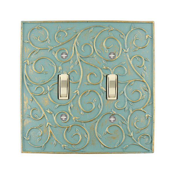 Meriville French Scroll 2 Toggle Wallplate, Double Switch Electrical Cover Plate, Buckingham Green with Gold