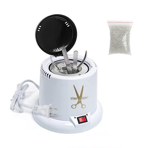 GoLashFun Nail Tool Sterilizer Machine,High Temperature Sterilizer Nail Tool Cleaning Pot for Nail Art Salon,Hair Cutting Scissors Cleaning Equipment (White with Glass Bead)