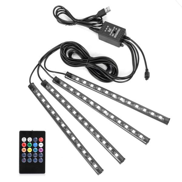 Car LED Strip Lights Christmas, 4Pcs 48 LED Interior Lights, Multicolor Music Car Strip Light Under Dash Lighting Kit with Sound Active Function and Remote Controller, DC 5V
