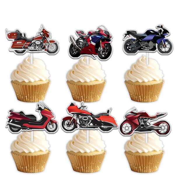 18pcs Glitter Motorcycle Dessert Cupcake Topper Pick for Race Motorcycle Racing Crazy Sport Theme Decor Supplies Men Women Boys Girls Happy Birthday Party Decorations