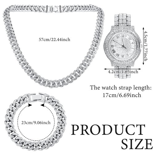 Huquary 4 Pcs Hip Hop Jewelry Set Cuban Link Chains Bling Rhinestone Watch for Man Artificial Diamond Necklace Bracelet Watch(Silver)