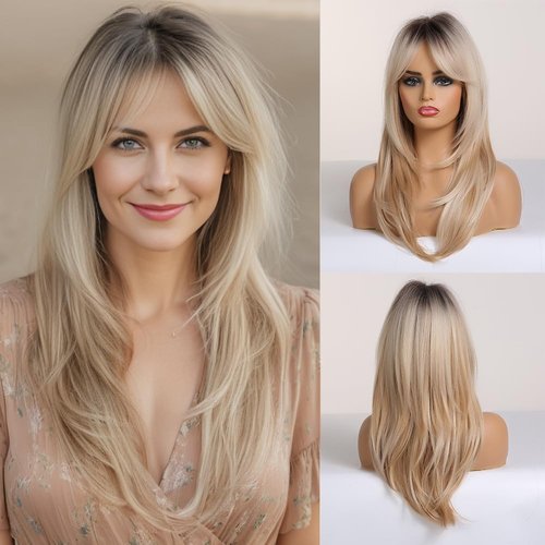 Doremiy Ombre Brown Blonde Wig with Bangs Natural Medium Length Straight Wigs for Women Heat Resistant Fiber Synthetic Wigs for Daily Cosplay