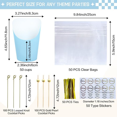 50 Sets 14oz Disposable Charcuterie Cups with 200 Sticks, 50 Bags & 50 Stickers | Eco-Friendly Snack Holders for French Fries, Fruits, Desserts | Birthday Wedding Party Supplies （blue）