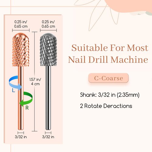Nail Drill Bit 2PCS, Tungsten Carbide Bits 3/32'' Professional Drill Bits for Acrylic, Hard Gel, Dip Powder Nails, Smooth Top Safety COARSE Nail Bits for Dremel Machine (C)