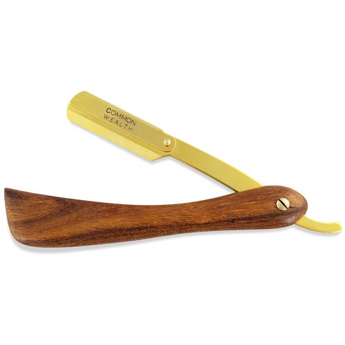 Common Wealth Pure Wood Handle Gold Straight Edge Classic Folding Barber Shaving Razor Vintage Style With Wooden Case Display Box (Gold)