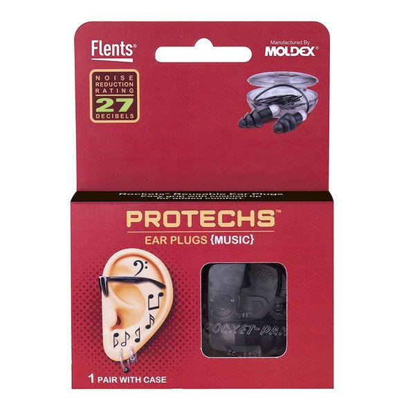 Flents Protechs Reusable Music Ear Plugs, Perfect For Concerts, Reduces Pressure And Background Noise, 1 Pair With Travel Size Case, Easy Use With Comfort Fit, NRR 27, Black, Made In The USA